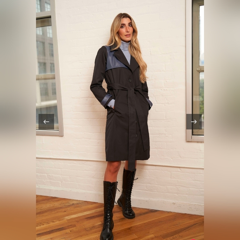 New Olivvi Vegan Leather Women's Black and Blue Trench Coat